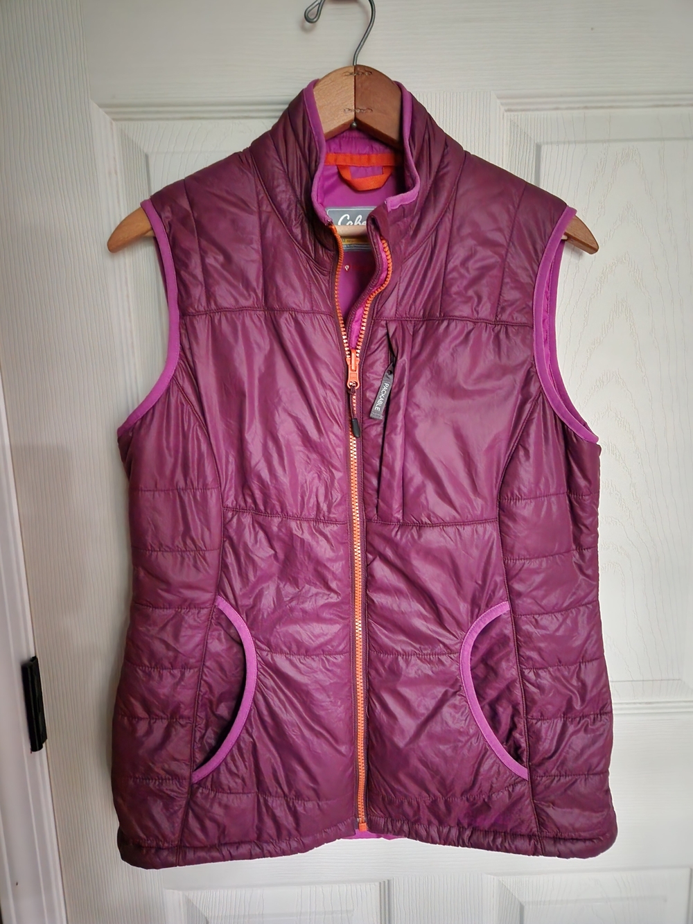 Cabela's Plum Quilted Vest with Pink Trim With Packable Pocket And Media Port